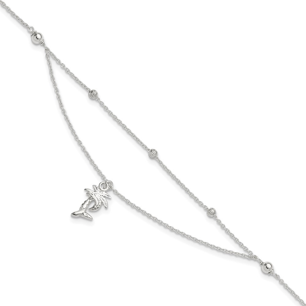 925 Sterling Silver Polished 2-Strand Palm Tree Charm 9" + 1" Ext Anklet